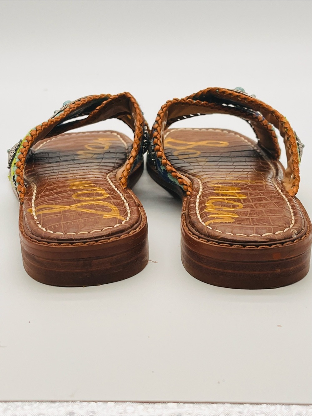 Sam Edelman Brown Embordered Slide Sandals Concho Turquoise Multicolor 6.5 - Picture 6 of 8